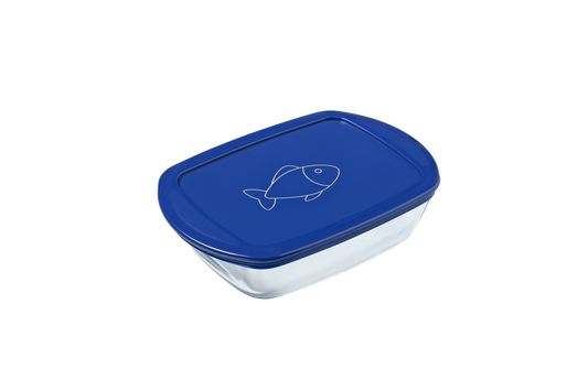 Boîte de conservation rectangulaire en verre, dotée d’un couvercle en plastique bleu décoré d’un motif de poisson.