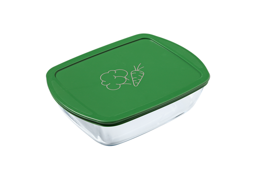 Boîte de conservation rectangulaire en verre, dotée d’un couvercle en plastique vert décoré d’un motif de légumes.