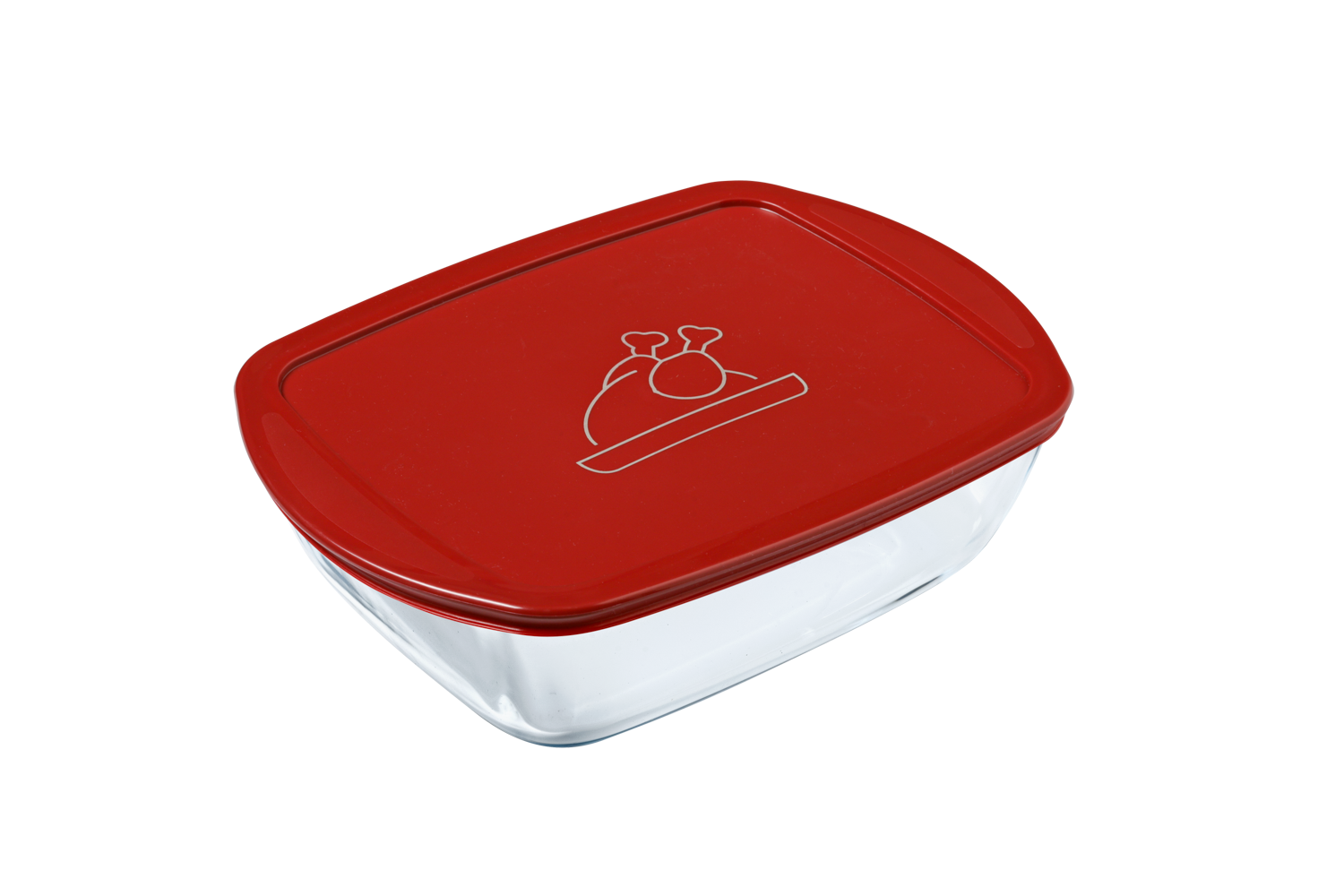 Boîte de conservation rectangulaire en verre, dotée d’un couvercle en plastique rouge décoré d’un motif de viande.