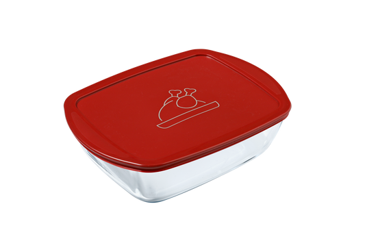 Boîte de conservation rectangulaire en verre, dotée d’un couvercle en plastique rouge décoré d’un motif de viande.
