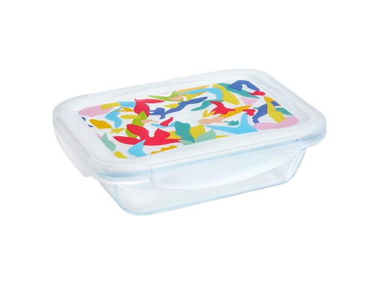 Lunch box rectangulaire en verre avec couvercle en plastique étanche à motif multicolore.
