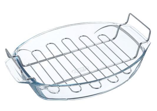 Plat à four ovale en verre avec larges poignées et sa grille de cuisson en acier inoxydable.