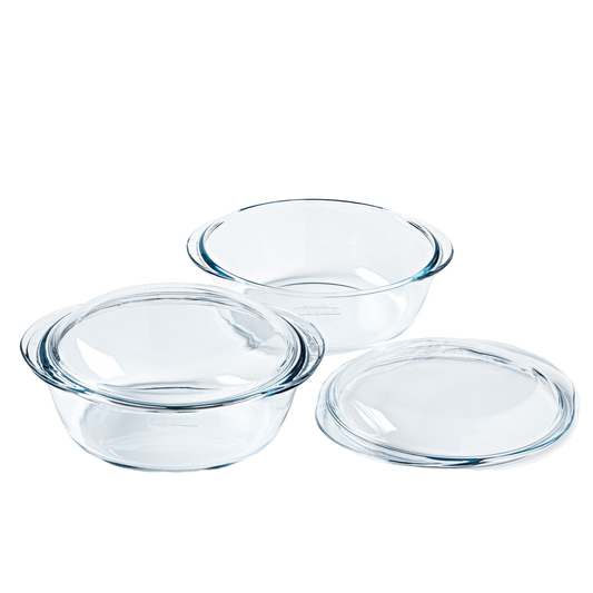 Lot de deux cocottes rondes en verre Pyrex®.