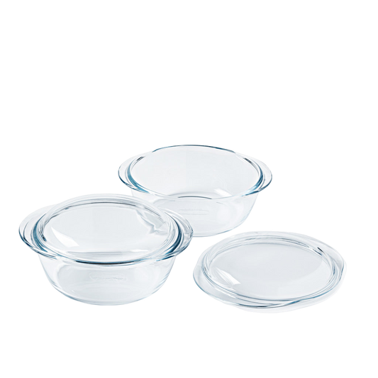 Lot de deux cocottes rondes en verre Pyrex®.