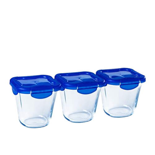 Lot de trois pasta box en verre Pyrex® avec couvercle étanche de couleur bleue.