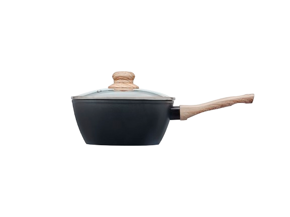 Casserole noir Pyrex® vue de côté en aluminium recyclé avec un revêtement anti-adhésif, son couvercle en verre et un manche effet bois.