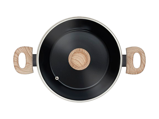 Faitout avec couvercle en verre Pyrex® en aluminium recyclé vue de haut avec un revêtement anti-adhésif et deux poignées effet bois.