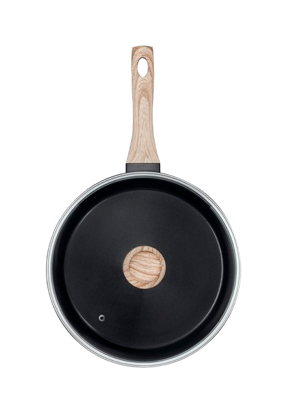 Sauteuse noir Pyrex® vue de haut en aluminium recyclé avec un revêtement anti-adhésif, son couvercle en verre et un manche effet bois.