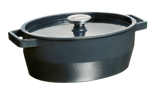 Cocotte ovale en fonte Pyrex® de couleur grise.