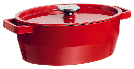Cocotte ovale en fonte Pyrex® de couleur rouge.