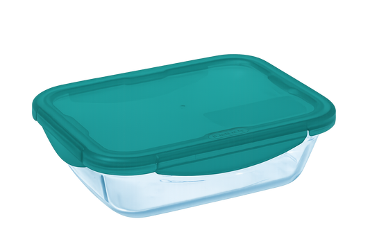 Boite de conservation rectangulaire en verre avec couvercle étanche en plastique de couleur verte.