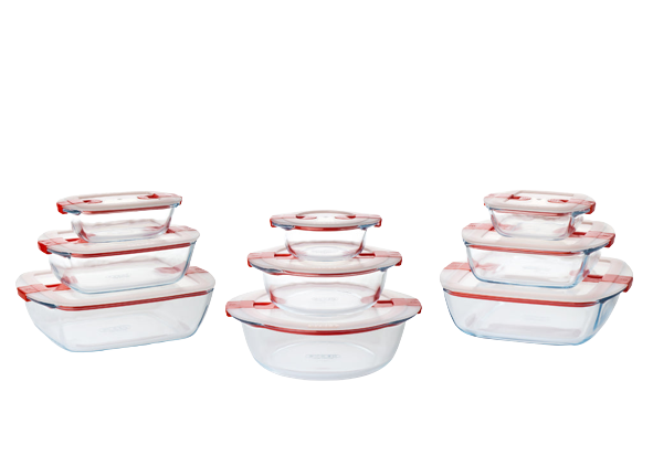 Lot de 9 boites de conservation en verre Pyrex® avec couvercle à valves compatible micro-ondes.