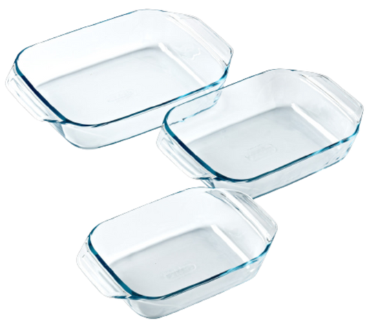 Lot de trois plat à four en verre Pyrex® avec prise en main facile.