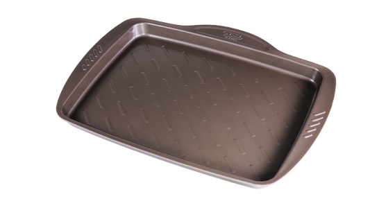 Plaque de cuisson rectangulaire en métal anti-adhésif avec larges poignées pour prise en main facile.