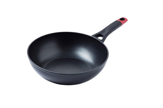 Wok de couleur noire Pyrex® en aluminium avec un revêtement anti-adhésif.
