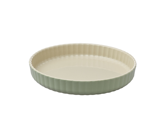 Moule à tarte en céramique Pyrex® de couleur vert sauge à l'extérieur.