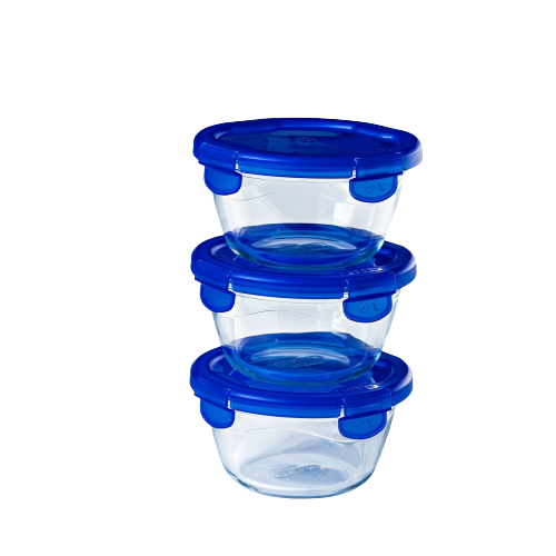 Lot de trois boites de conservation rondes en verre avec couvercle étanche en plastique de couleur bleue.