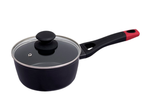 Casserole de couleur noire Pyrex® en aluminium avec un revêtement anti-adhésif et son couvercle en verre.