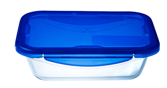 Boite de conservation rectangulaire en verre avec couvercle en plastique étanche de couleur bleue.