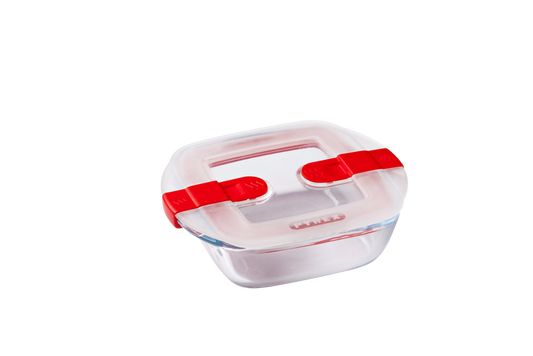 Petit plat carré en verre avec couvercle à valves vapeur, compatible au micro-ondes.