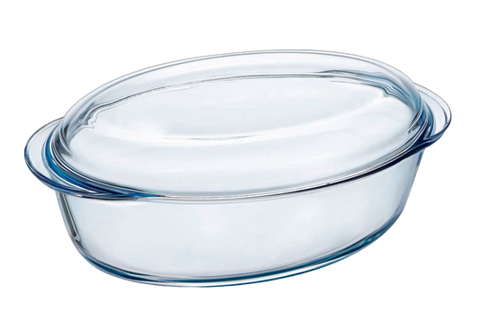 Grande cocotte ovale en verre borosilicate.