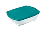 Boite de conservation rectangulaire en verre avec couvercle en plastique.