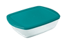 Boite de conservation rectangulaire en verre avec couvercle en plastique.