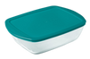 Boite de conservation rectangulaire en verre avec couvercle en plastique.