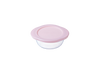 Pot de conservation rond en verre pour bébé avec couvercle en plastique rose.
