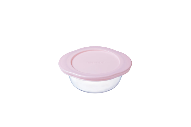 Pot bébé en verre avec couvercle rose et bleu- My First Pyrex