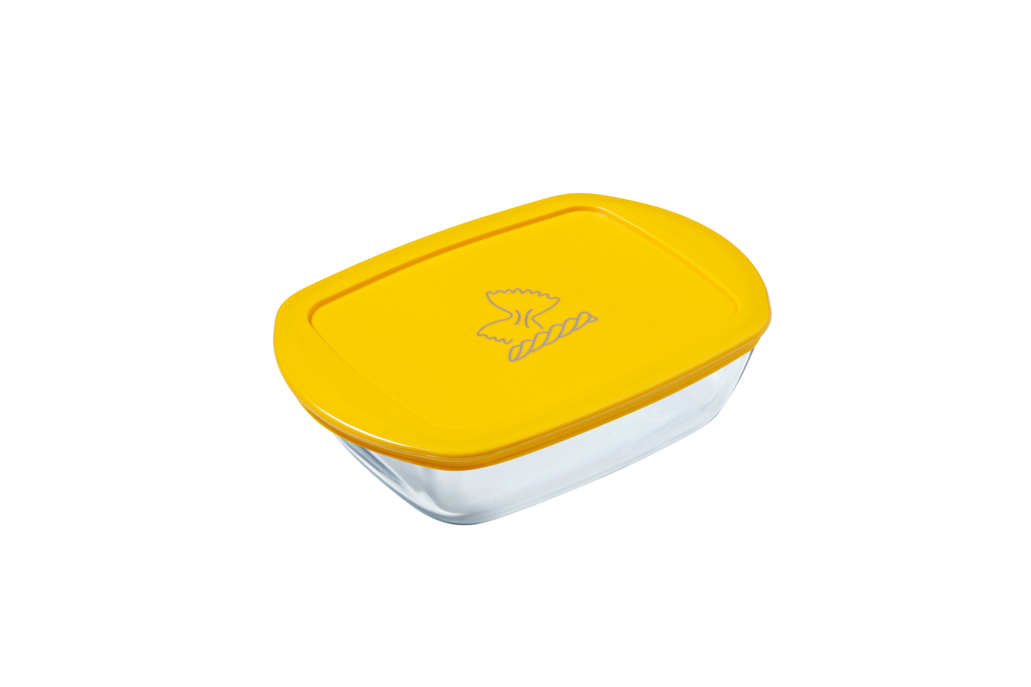 Boîte de conservation rectangulaire en verre, dotée d’un couvercle en plastique jaune décoré d’un motif de pâtes.