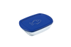 Boîte de conservation rectangulaire en verre, dotée d’un couvercle en plastique bleu décoré d’un motif de poisson.
