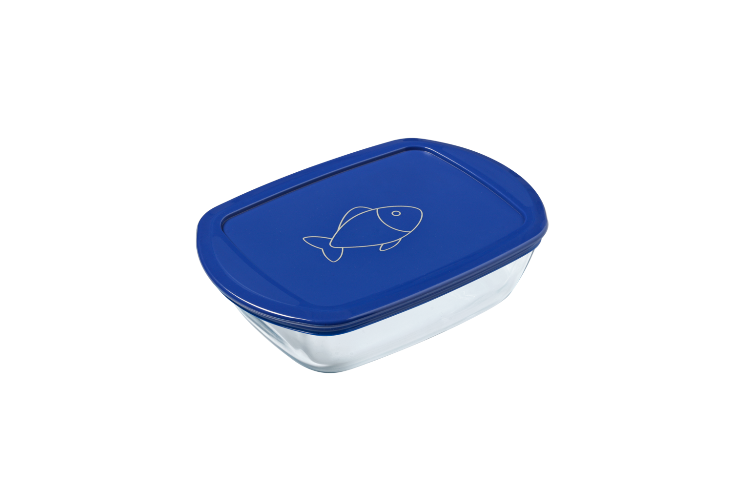Boîte de conservation rectangulaire en verre, dotée d’un couvercle en plastique bleu décoré d’un motif de poisson.