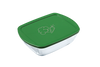 Boîte de conservation rectangulaire en verre, dotée d’un couvercle en plastique vert décoré d’un motif de légumes.