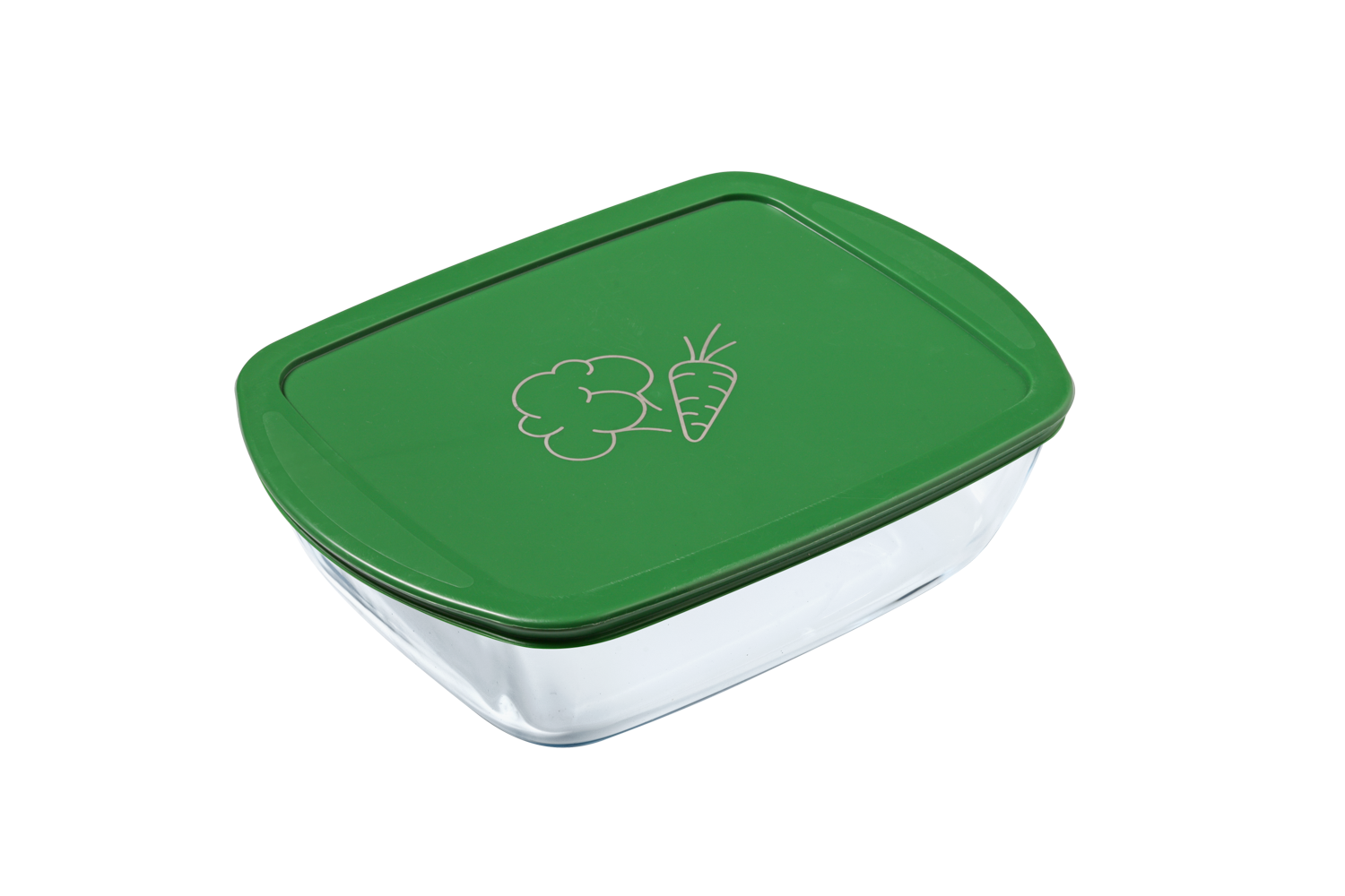 Boîte de conservation rectangulaire en verre, dotée d’un couvercle en plastique vert décoré d’un motif de légumes.