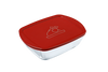 Boîte de conservation rectangulaire en verre, dotée d’un couvercle en plastique rouge décoré d’un motif de viande.