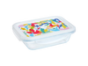 Lunch box rectangulaire en verre avec couvercle en plastique étanche à motif multicolore.