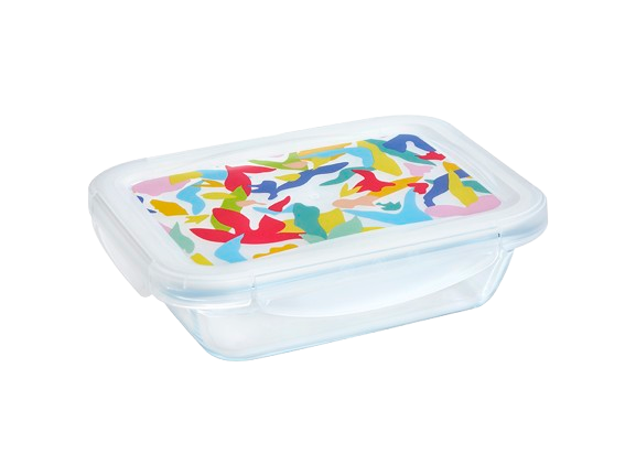 Lunch box rectangulaire en verre avec couvercle en plastique étanche à motif multicolore.
