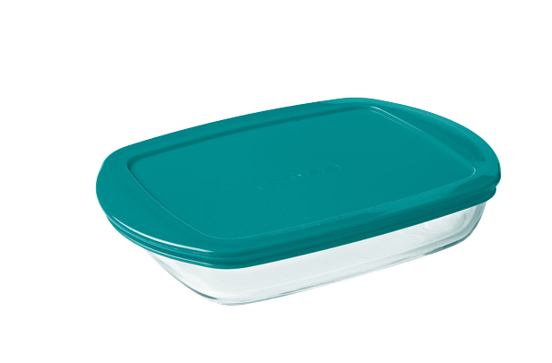 Boite de conservation rectangulaire en verre avec couvercle en plastique.