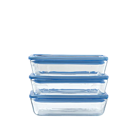 Lot de trois boites de conservation en verre et couvercle en verre avec joint en silicone.