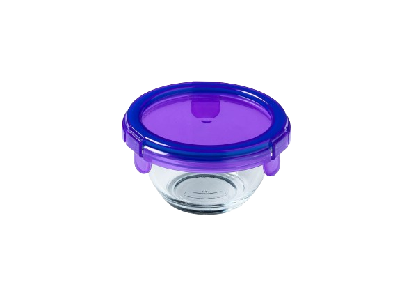 Petit bol en verre avec couvercle en plastique étanche de couleur violette.