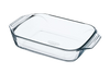 Plat à four rectangulaire en verre avec larges poignées pour prise en main facile.