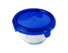 Petit bol en verre avec couvercle en plastique étanche de couleur bleue.