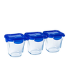 Lot de trois pasta box en verre Pyrex® avec couvercle étanche de couleur bleue.