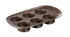 Moule à muffins de 6 cavités en métal avec revêtement anti-adhésif et larges poignées pour prise en main facile.