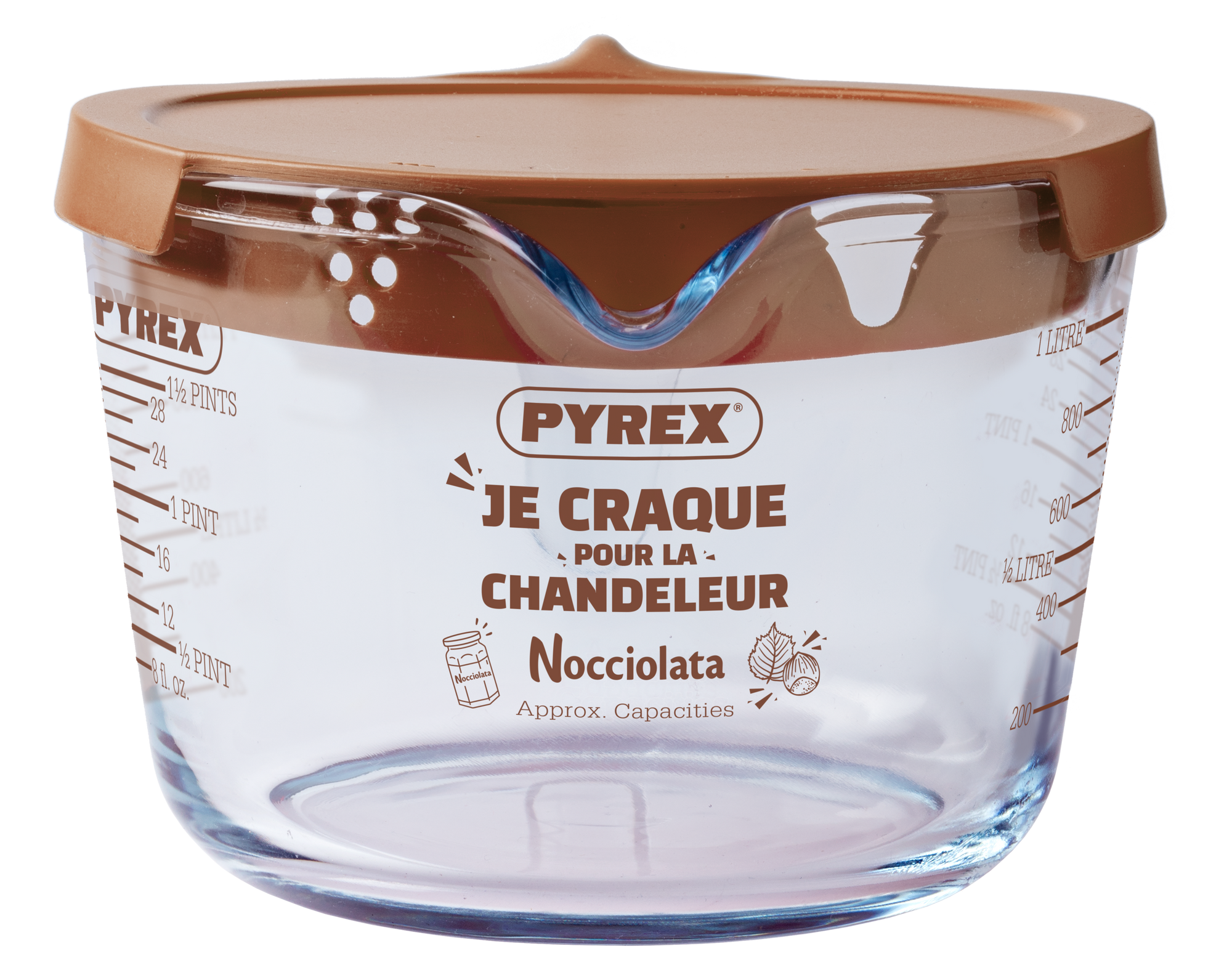 Broc mesureur "Je craque pour la chandeleur" avec Nocciolata et son couvercle de couleur marron.