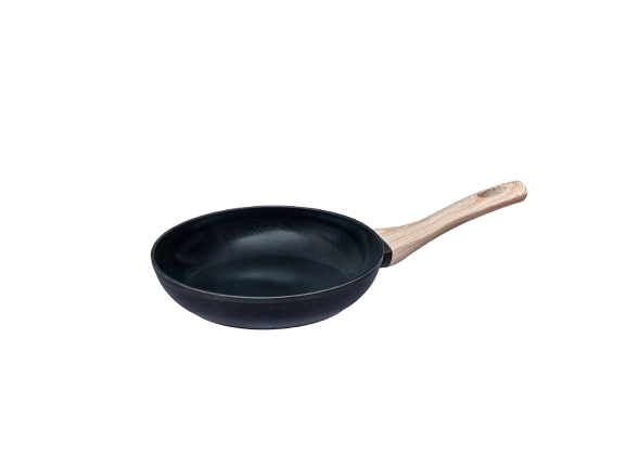 Poêle noir en aluminium recyclé avec un revêtement anti-adhésif et un manche effet bois.
