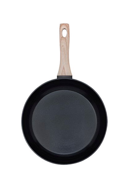 Poêle noir en aluminium recyclé avec un revêtement anti-adhésif et un manche effet bois vu de haut.
