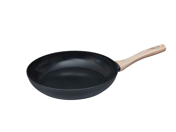 Poêle noir en aluminium recyclé avec un revêtement anti-adhésif et un manche effet bois.