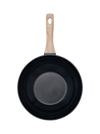 Wok de couleur noir Pyrex® vu de haut en aluminium recyclé avec un revêtement anti-adhésif et un manche effet bois.